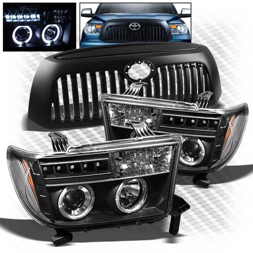 07-09 tundra black halo led projector headlights + abs black vertical grille