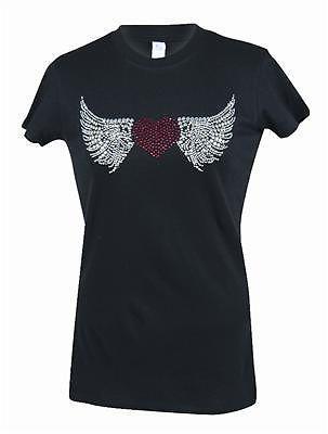 Ghh t-shirt cotton black heart with wings rhinestones style women's x-large each