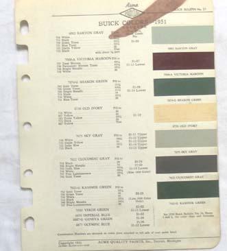 1951  buick acme   color paint chip chart all models original 