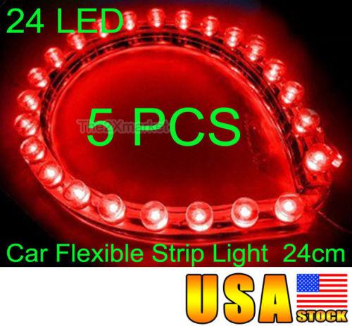 Brand new 5pcs car 24 led flexible strip red light bulb waterproof 12v 24cm neon