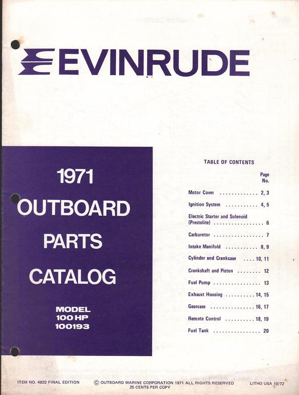 1971 evinrude outboard motor 100 hp parts manual p/n 4932