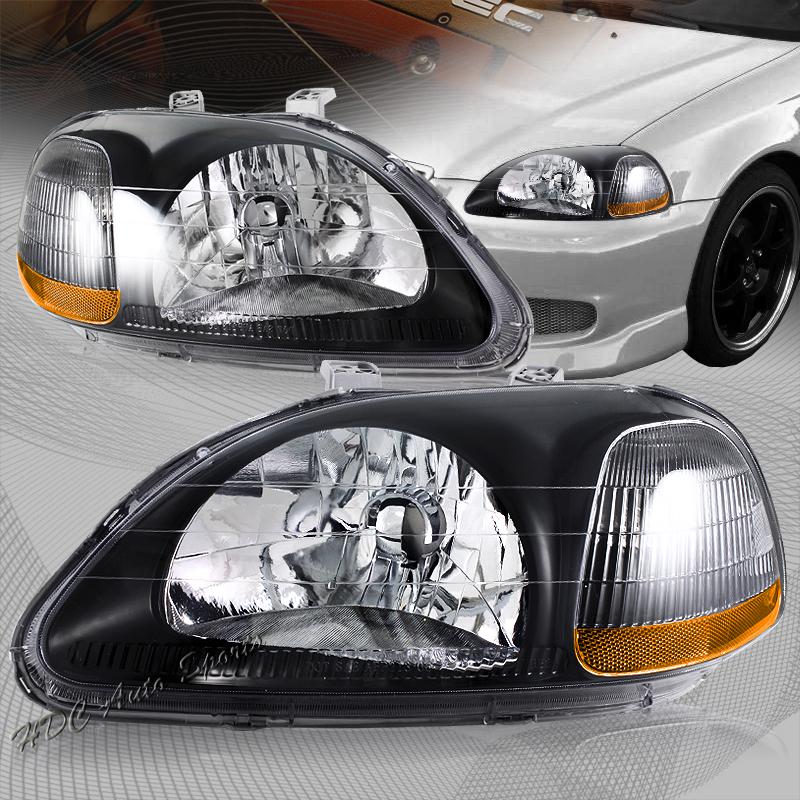 1996-1998 honda civic black housing clear lens amber reflector headlight lamps