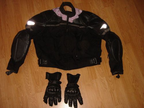 First gear womens xl black motorcycle jacket w/armour,comes wblack racing gloves