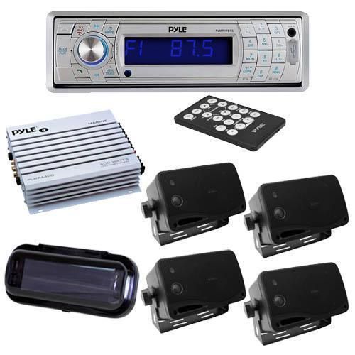 New silver indash marine am/fm stereo player &amp; bluetooth+ amp cover + 4 speakers