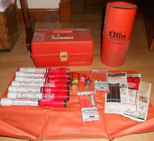 Olin marine flares, storage case, smoke signal, dye markers &amp; floating case