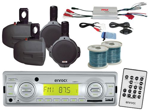 8&#034; marine wake board speaker set &amp; wires,amplifier,enrock usb am fm aux receiver