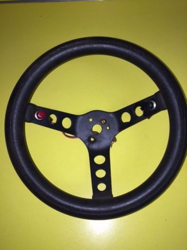 Vintage rat rod steering wheel 11&#034; black vinyl with red and black buttons