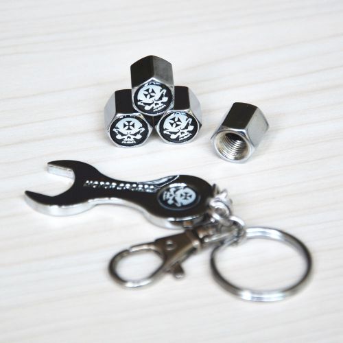 Maltese cross skull tire valve stem air dust cap cover wrench key chain for car