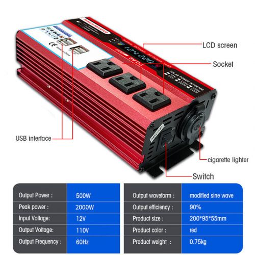 Car power inverter 2000 w 12v dc to 110v modified sine wave lcd solar converter