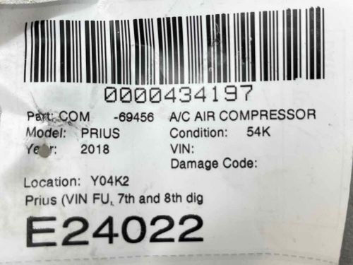 16 17 18 19 20 21 22 toyota prius a/c air compressor (54k miles) - oem