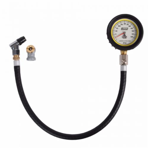 Joes tire pressure air gauge 0-60 psi 2-1/2&#034; gid 17&#034; flex hose swivel hold buton