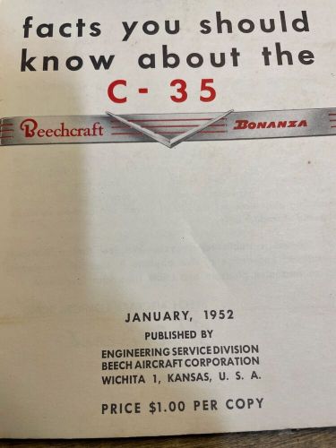 1952 beechcraft bonanza c-35 owner&#039;s airplane original handbook manual c35