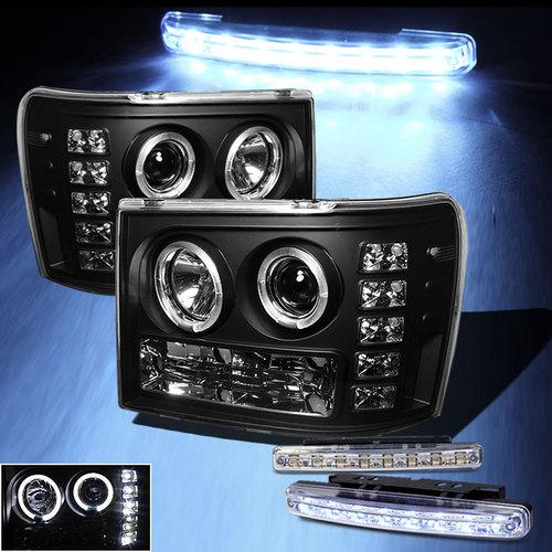 Led bumper fog+07-13 sierra dual halo led projector headlights black head lights