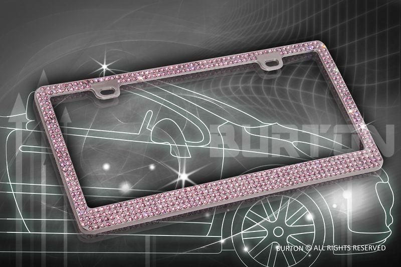 4 row pink bling crystal embedded black metal license plate frame-db