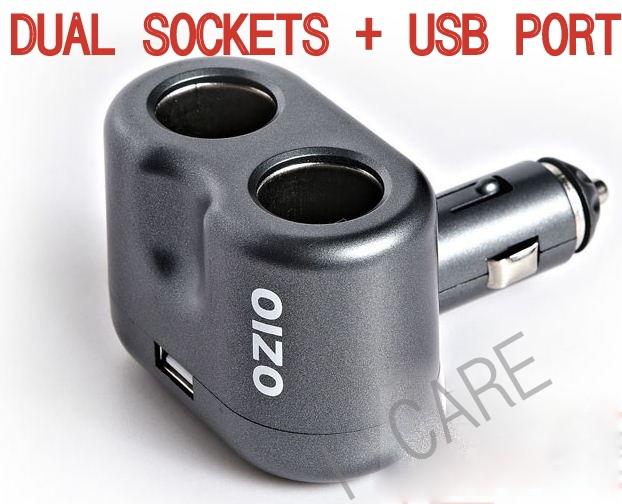 Splitter adapter  for car lighter socket  dual sockets with usb port 601