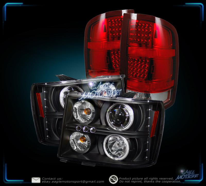 2007-2010 sierra blk ccfl halo projector headlight/red clear led tail lightss