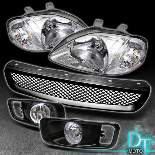 99-00 honda civic clear headlights +bumper fog lights lamp+jdm sport mesh grille