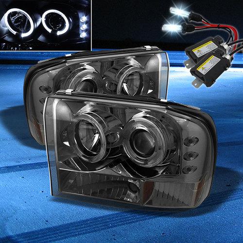 8000k slim xenon hid+smoked 99-04 f250 halo led projector headlights head lights