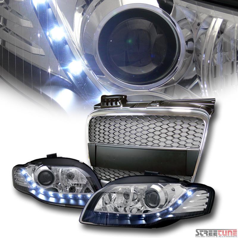 Depo blk led projector headlights+rs sport mesh grill grille ch 06-08 audi a4 b7