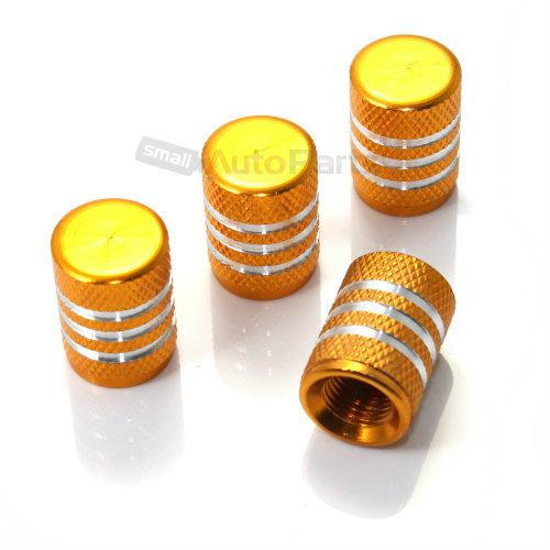 (4) car truck bike yellow gold aluminum tire valve stem caps with chrome stripes