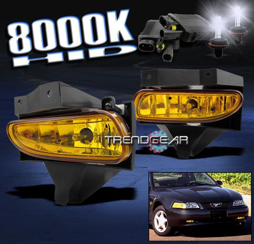 99-04 ford mustang bumper driving yellow fog lights lamp+8000k hid 00 01 02 03