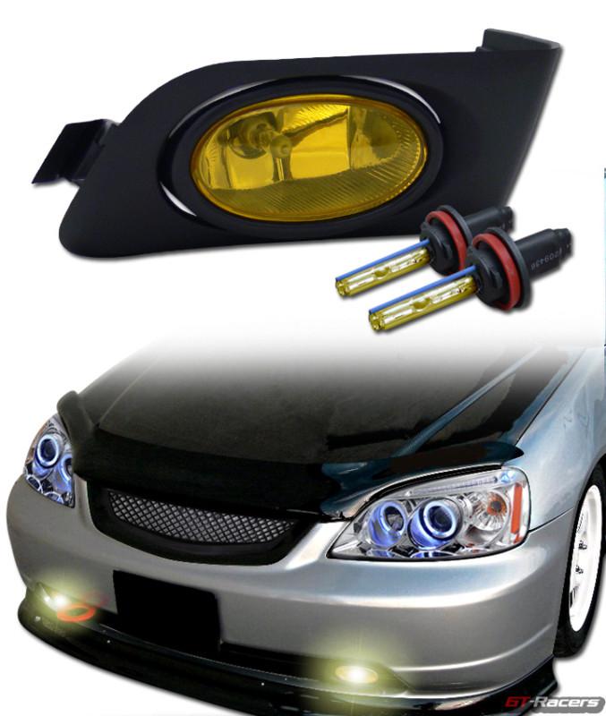 3k hid xenon w/ sport yellow front bumper fog light+switch 01+ civic coupe/sedan