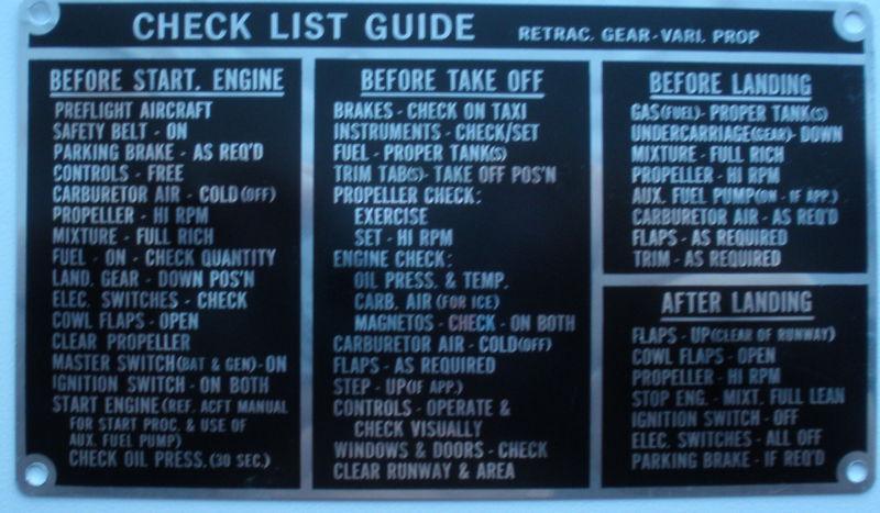 Checklist- on aluminum stock, single engine  retrac. gear & vari. prop. ckl-0106