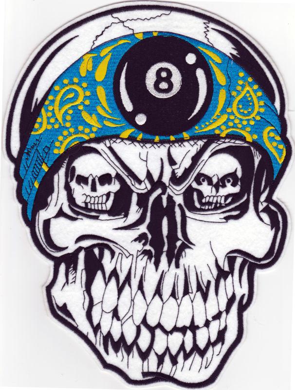 8 ball blue  bandana skull  motorcycle vest  back patch flames 