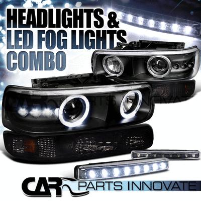 99-02 silverado tahoe black halo projector headlights+smoke bumper+led fog lamp