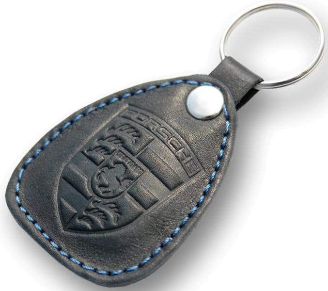 New leather black / blue keychain car logo porsche auto emblem keyring