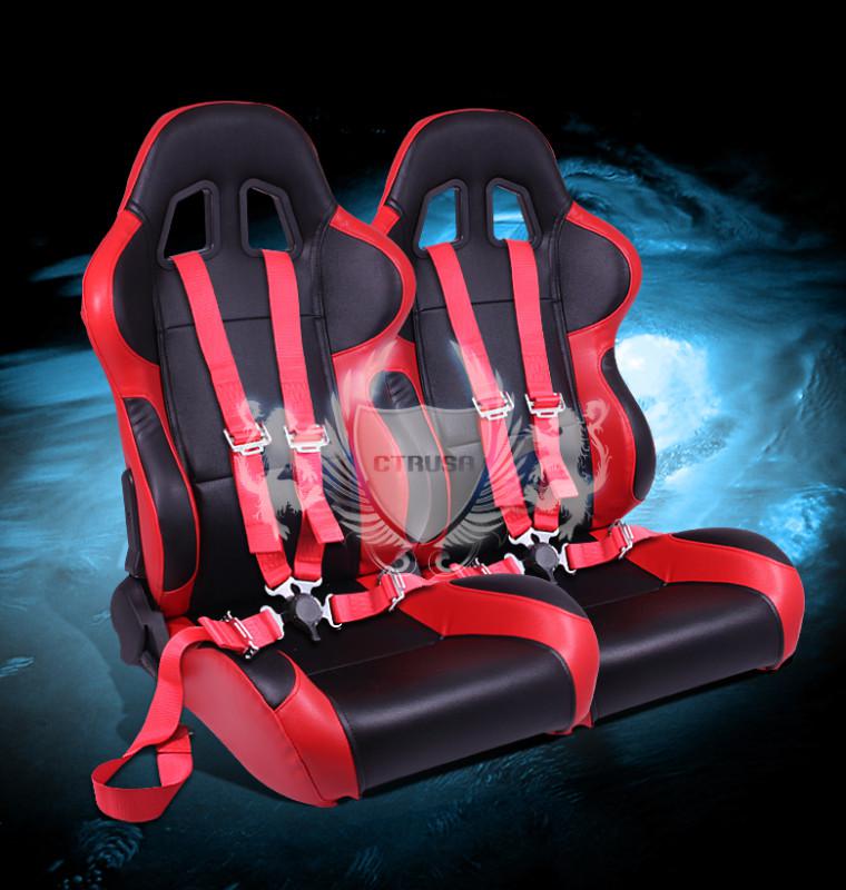 F1 2x jdm black/red turino racing bucket seats+4-pt red belts camlock strap pair