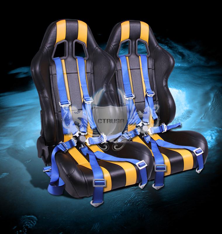 2x blk/yellow stripe vinyl leather racing bucket seats + 6-pt blue camlock strap