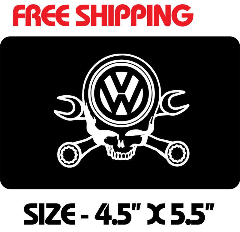 2- skull w/ wrenches vw vinyl decal sticker 4.5" x 5.5" white bus bug jetta