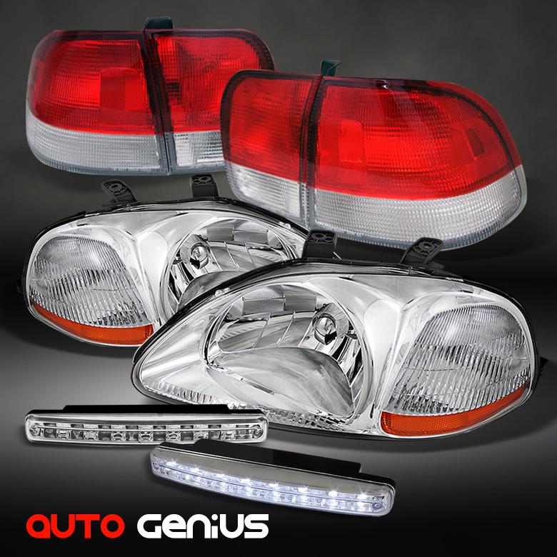 96-98 civic 4dr chrome headlights + red clear tail lights + daytime running led