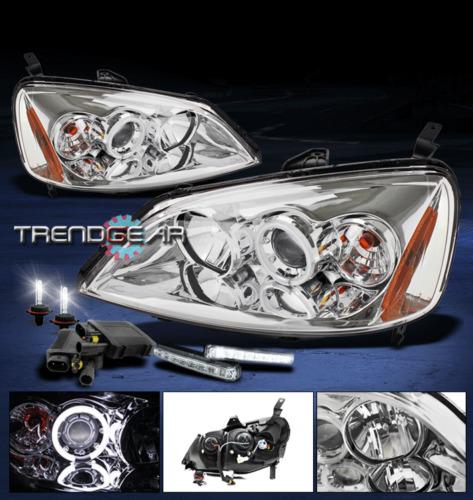 01 02 03 honda civic ccfl halo chrome projector head light+drl led+6000k hid kit