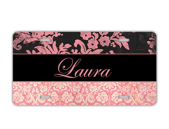 Custom name license plate - distressed pink black damask - vanity car tag (9944)