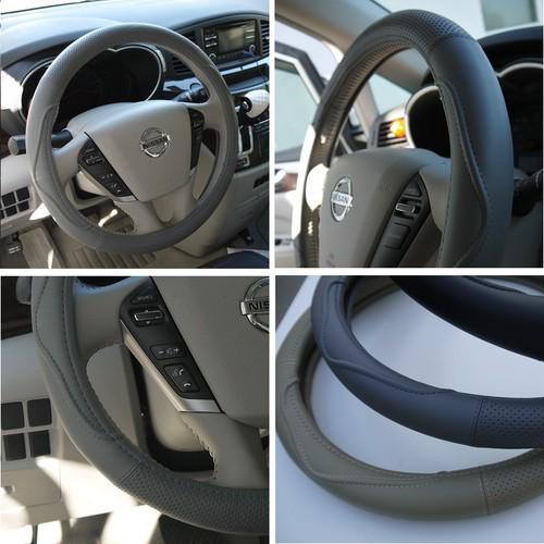 Fit hyundai kia subaru grey+gray leather steering wrap wheel cover 57002 14"-15"