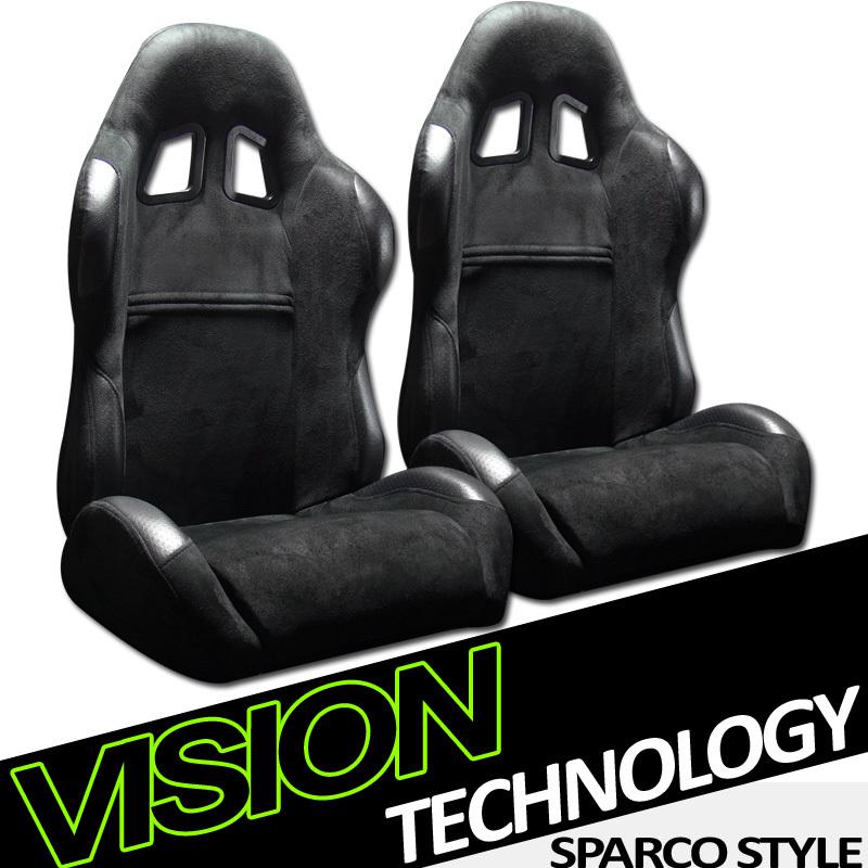 2x sp style simulated suede & pvc leather blk reclinable racing seats+sliders 22