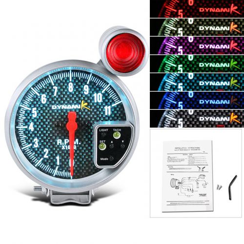 7-color led carbon face silver 5&#034; 11k 11000 rpm tachometer gauge w/ shift light