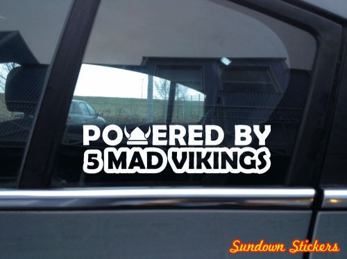 2x  powered by 5 mad vikings car stickers - for volvo t5 turbo