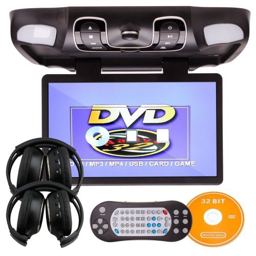 Black15.6&#034; hd car overhead radio roof mount flip down dvd player+2×ir headphones