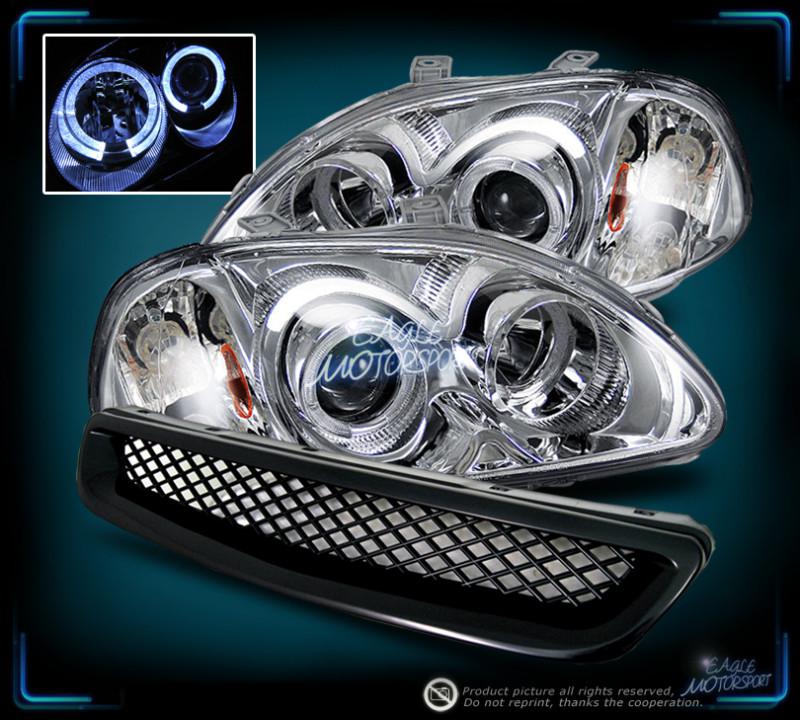 1996-1998 honda civic dual halo ring projector chrome headlights+type r grille