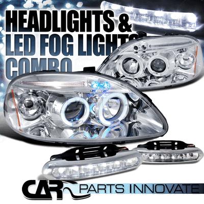 96-98 civic chrome halo led projector headlights+6-led drl fog bumper lamps