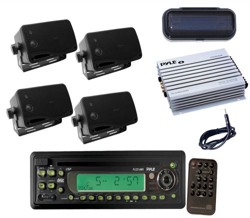 New in-dash boat cd/mp3 player, 200 watt box speakers, 400w amp, antenna, cover