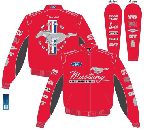 Red mustang multi-logo jacket with mach 1, boss, gt/cs, cobra, svt, ford &amp; more