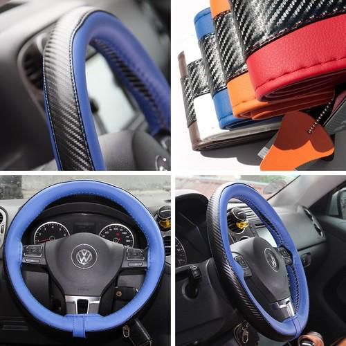 14"-15" 38cm 47022 blue leather wrap car steering wheel cover carbon fiber style