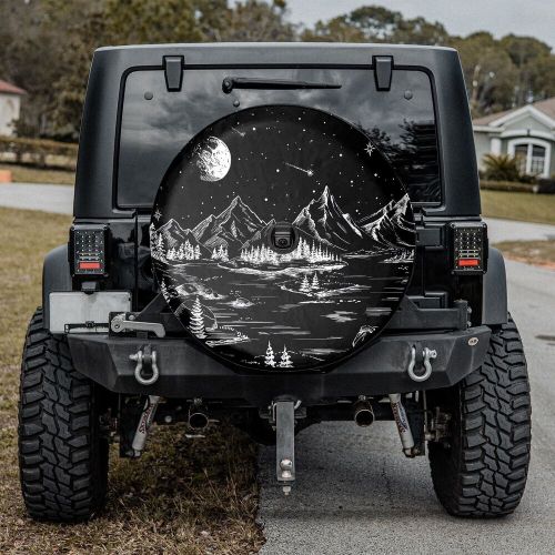 Black and white starry night mountain spare tire cover, celestial, stargazing, m