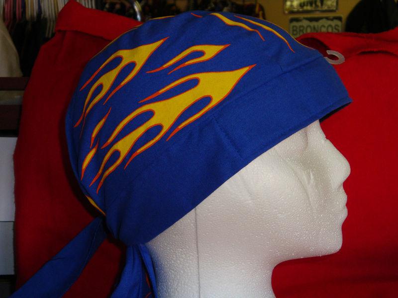 Yellow flames on royal blue skull cap doo rag!! new!!