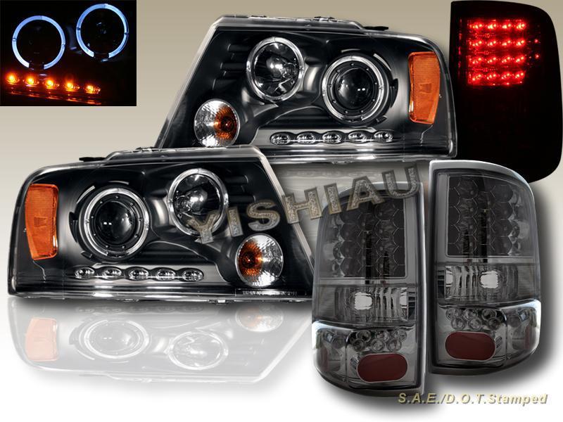 04-08 ford f150 halo l.e.d. projector headlights black + led tail lights smoke