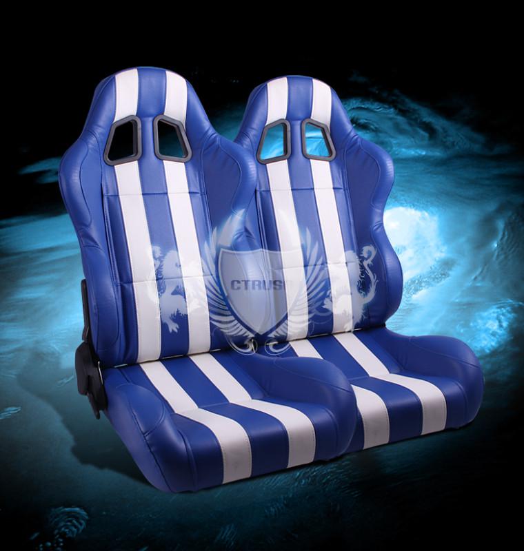 2x universal blue/white stripe pvc/leather sport racing bucket seats left right